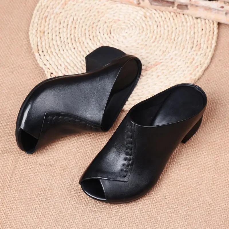 thick heeled soft leather outer slippers fish mouth comfortable versatile mid heeled wo (4)