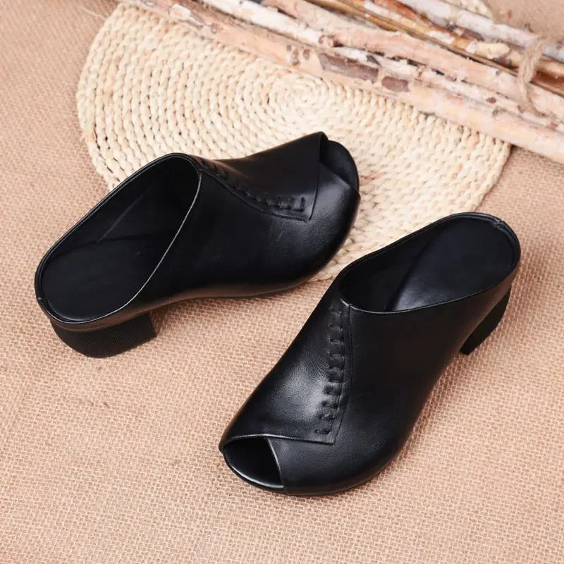 thick heeled soft leather outer slippers fish mouth comfortable versatile mid heeled wo (5)