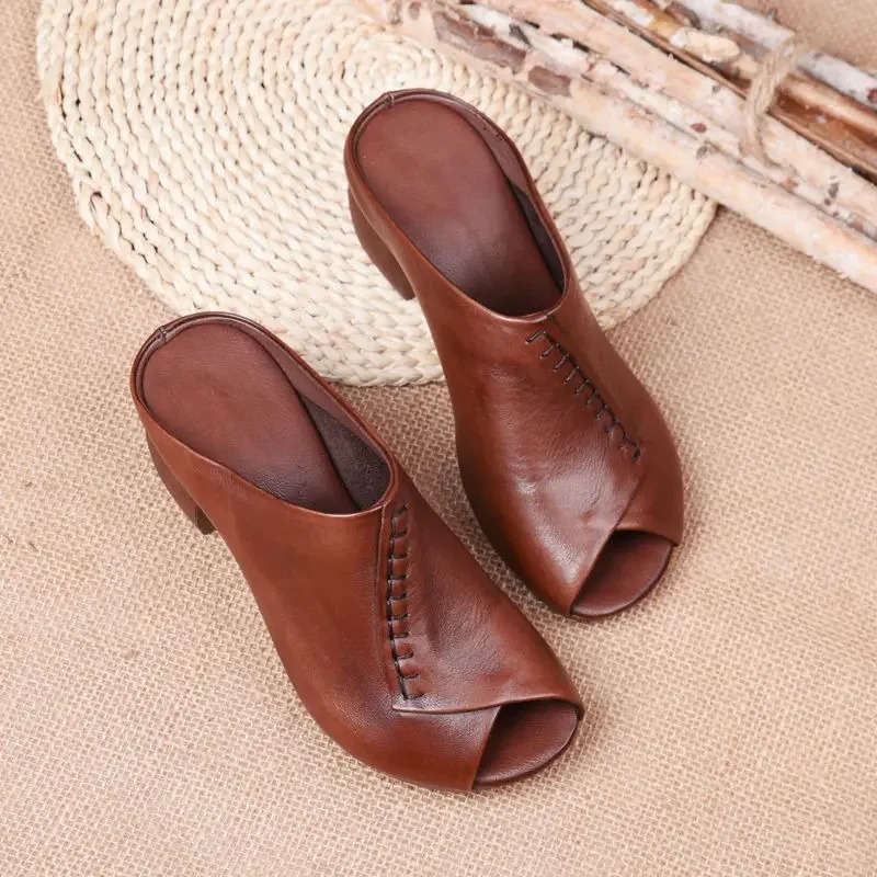 thick heeled soft leather outer slippers fish mouth comfortable versatile mid heeled wo (6)