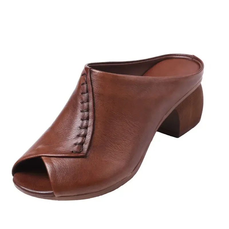 thick heeled soft leather outer slippers fish mouth comfortable versatile mid heeled wo (7)