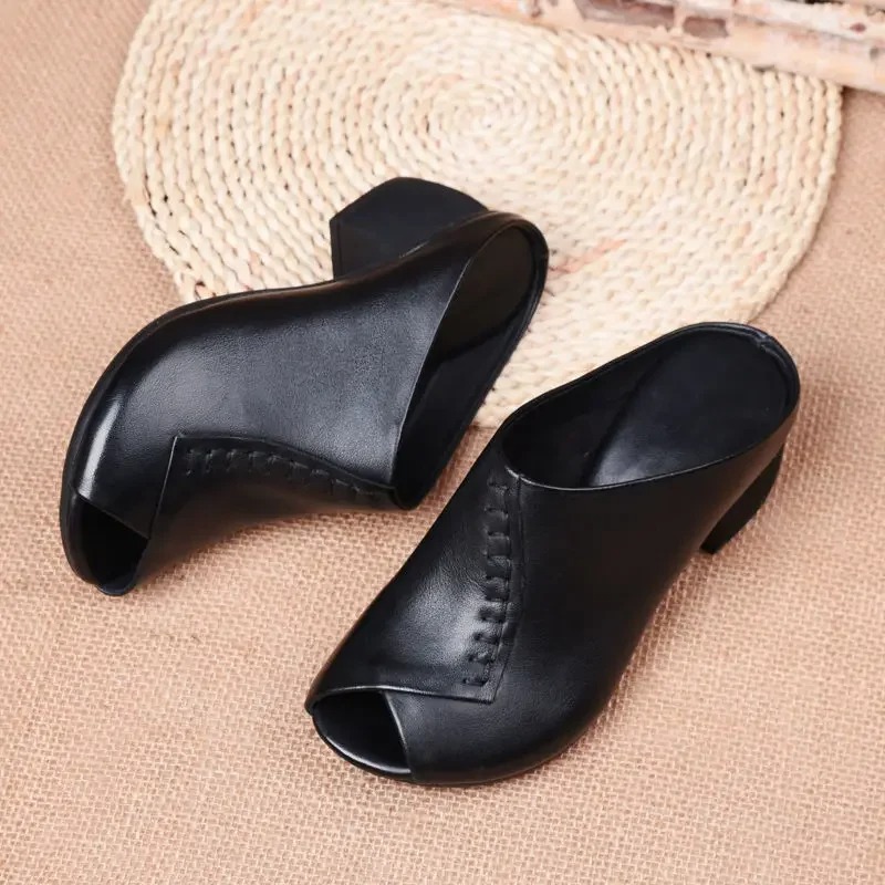 thick heeled soft leather outer slippers fish mouth comfortable versatile mid heeled wo (9)