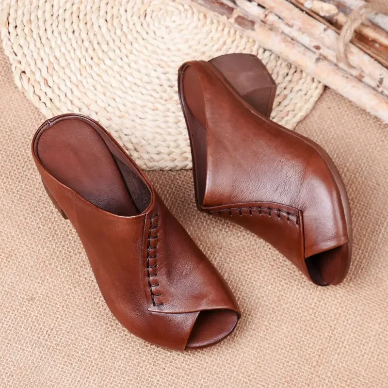 thick heeled soft leather outer slippers fish mouth comfortable versatile mid heeled wo
